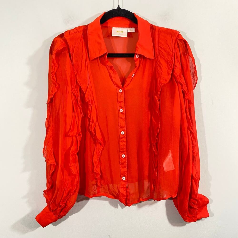 Maeve for Anthropologie Bright Orange Sheer Ruffled Button Down Blouse Sz S